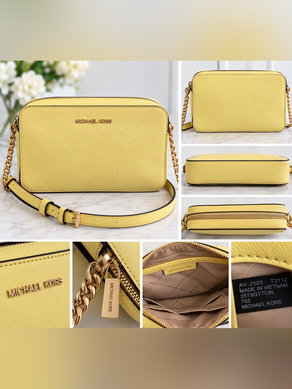 Michael Kors Yellow Saffiano Leather Camera Crossbody Bag Gold Chain